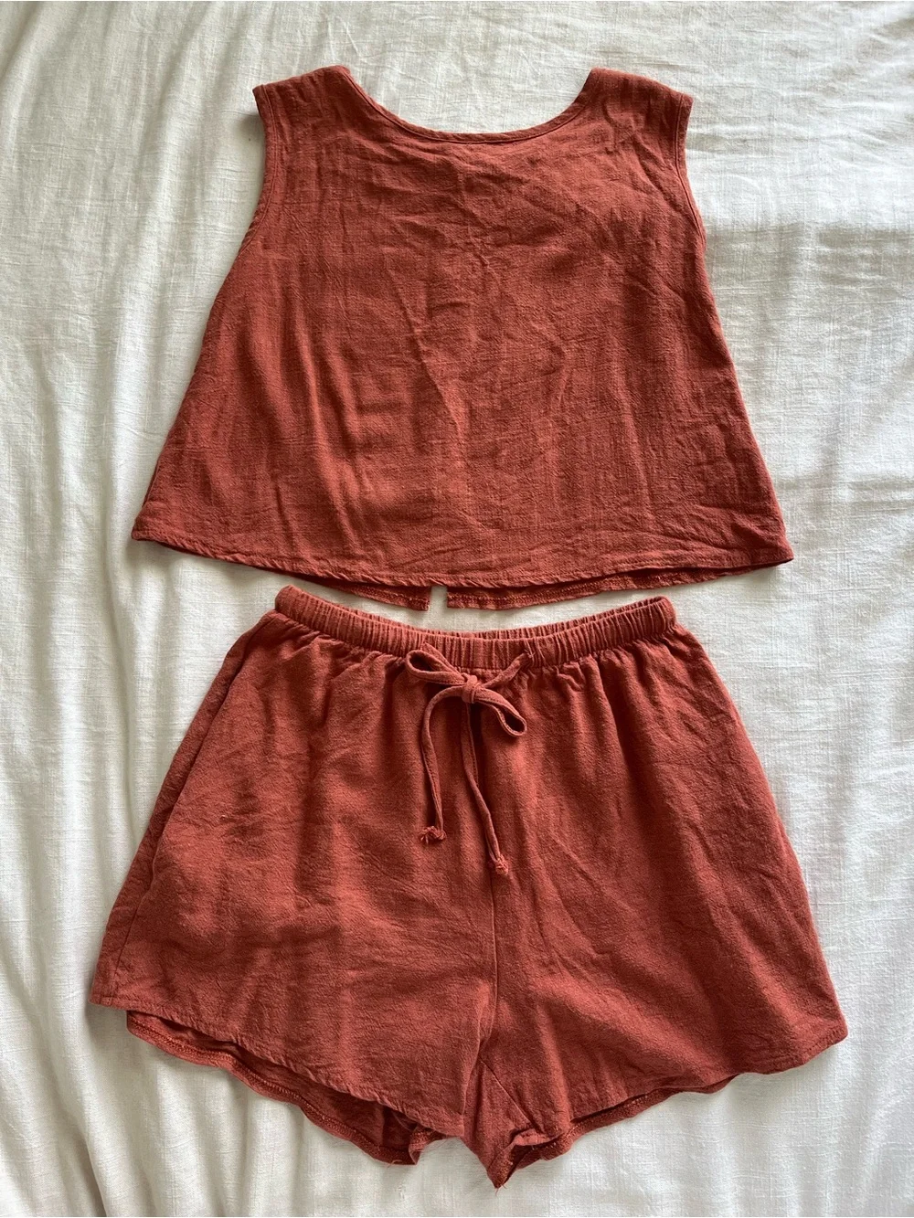 Matching Linen-Blend Two-Piece Tank Shorts Set in Rosy Clay